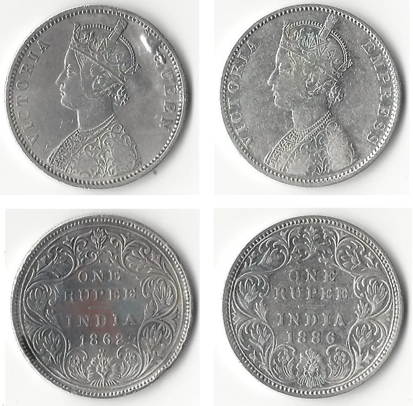 1ルピー対比（1862年女王・1886年皇帝）